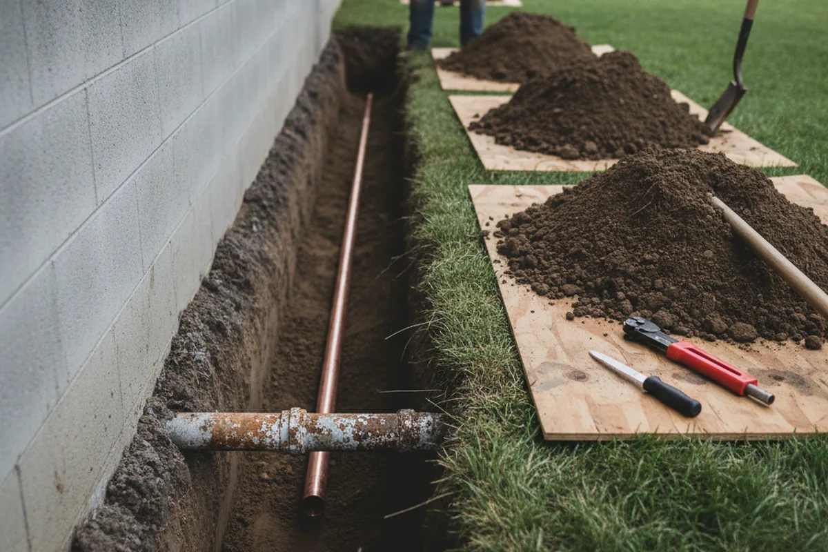 Excavated water line trench during Sewer Line Repair in Woodson